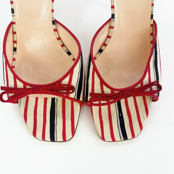Vintage Prada Red Navy Cream Striped Bow Square Toe Slide Mules Heels IT 38.5 - Picture 6 of 11
